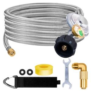 12FT Propane Regulator Hose with Gauge Stainless Braided, QCC1 Propane Adapter Hose Regulator for 20lb Tank with Elbow Adaptor Fit for LP Gas Grill, Camping Stove, Heater, Fire Pit
