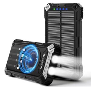 WONGKUO Solar Charger Power Bank - 49800mAh Solar Phone Charger with USB-C in/Output, QC 3.0 Fast Charging with LED Flashlight, Built-in 4 Cables, IP65 Waterproof Fits for Outdoor (Flash Black)
