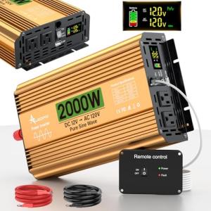 2000 Watt Inverter 12V DC to 110V/120V AC, Pure Sine Wave Inverter for Truck/RV/Home/Solar/Off-Grid, Surge 4000W Pure Sine Power with 2 AC Sockets, 5V 3.4A USB, Digital Display, Remote Controller