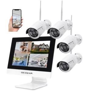 SEBIKAM 10CH Expandable Wireless Security Camera System with 10.1" Monitor 4pcs 2K/3MP Indoor Outdoor IP66 Waterproof Camera 2-Way Audio Night Vision Motion Detection Home Business Surveillance NOHDD