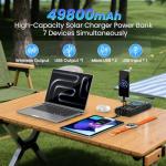 Solar Power Bank 49800mAh - Wireless Portable Charger 15W Fast Charging with 4 Built-in Cables. Equipped with a Powerful Flashlight, IP65 Outdoor Waterproof Power Bank Perfect for Camping, Hiking