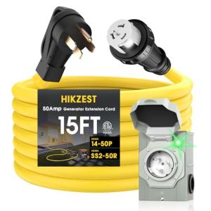 Hikzest 50 Amp Generator Cord and Power Inlet Box, Heavy Duty 15FT Generator Extension Cord, NEMA 14-50P to SS2-50R 125/250V Twist Locking with Pre-Drilled Inlet Box for Outdoor Emergency Kit