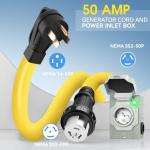 Hikzest 50 Amp Generator Cord and Power Inlet Box, Heavy Duty 15FT Generator Extension Cord, NEMA 14-50P to SS2-50R 125/250V Twist Locking with Pre-Drilled Inlet Box for Outdoor Emergency Kit