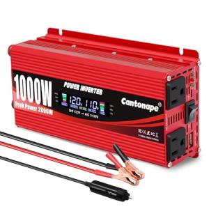 Cantonape 1000 Watt Car Power Inverter DC 12V to 110V/120V AC Converter with LCD Display Dual AC Outlets and Dual USB Car Charger for Car Home Laptop Truck Red