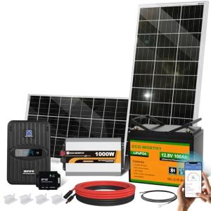 ECO-WORTHY 1.6KWH Complete Solar Panel Kit 390W 12V for RV Home Off Grid Yard: 195W Solar Panels*2 + 1000W Solar Inverter+12V 100Ah Lithium Battery+ 40A MPPT Charge Controller + Bluetooth Module
