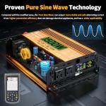 1500 Watt Inverter 12V DC to 110V/120V AC, Pure Sine Wave Inverter for Truck/RV/Home/Solar/Off-Grid, Surge 3000W Pure Sine Power with 2 AC Sockets, 5V 3.4A USB, Digital Display, Remote Controller
