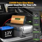 1500 Watt Inverter 12V DC to 110V/120V AC, Pure Sine Wave Inverter for Truck/RV/Home/Solar/Off-Grid, Surge 3000W Pure Sine Power with 2 AC Sockets, 5V 3.4A USB, Digital Display, Remote Controller