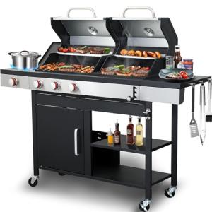 Propane & Charcoal Grill Combo with Cast Iron Grate & Plate, Dual Fuel BBQ Grill for Outdoor Events & Backyard Barbecue with Easy-Clean System, Stainless Steel Lids, Side Burner