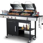 Propane & Charcoal Grill Combo with Cast Iron Grate & Plate, Dual Fuel BBQ Grill for Outdoor Events & Backyard Barbecue with Easy-Clean System, Stainless Steel Lids, Side Burner