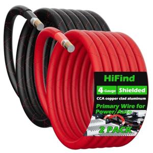 HiFind 4 Gauge AWG Power Ground Wire Cable 15 Ft/2 Pack, True Spec Shielded Braided Welding Battery Cable Terminal for Automotive, Car Audio, Amp Wiring,Speaker Stereo,Solar,Marine,Generator-Red+Black