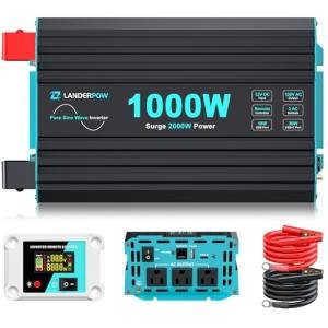LANDERPOW 1000 Watt Pure Sine Wave Inverter, Power Inverter for Car, Camping, Solar, RV, Truck, Home, 12V DC to 120V AC Inverters with 3 AC Outlet, 30W USB-C, 5V 3.1A USB, Remote Control, Surge 2000W