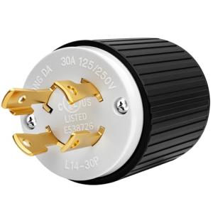 Yomiuwo NEMA L14-30P Locking Plug, 30 Amp 125/250V Twist Lock Male Plug, 3 Pole 4 Wire Grounding, Industrial Heavy Duty Generator Adapter, UL Listed (Black/White, 1 Pack)