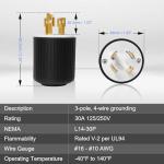 Yomiuwo NEMA L14-30P Locking Plug, 30 Amp 125/250V Twist Lock Male Plug, 3 Pole 4 Wire Grounding, Industrial Heavy Duty Generator Adapter, UL Listed (Black/White, 1 Pack)