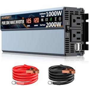 1000W Pure Sine Wave Power Inverter 12V DC to AC 110V 120V Peak Power 2000W with 2 AC Outlets Car Inverter and Dual 3.4A USB Port Cooling Fans and LCD Display for Inverter Home RV Car Solar System