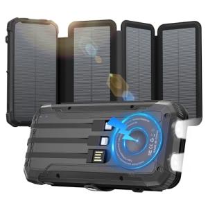 Portable Charger 20000mAh Solar Power Bank Built-in 3 Cables and Wireless Charging Battery Pack Compatible for iPhone, Samsung, IPX5 Waterproof, Bright Flashlight Perfect for Camping, Hiking, Outdoor