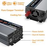 1000W Pure Sine Wave Power Inverter 12V DC to AC 110V 120V Peak Power 2000W with 2 AC Outlets Car Inverter and Dual 3.4A USB Port Cooling Fans and LCD Display for Inverter Home RV Car Solar System