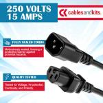 CablesAndKits - AC Power Cord Extension 10ft (3m) - C14 to C15-15A/250V, 14 AWG Power Cord - Heavy-Duty Power Cable for PDU, UPS, Electronics, Network and Data Center Needs - (Black)