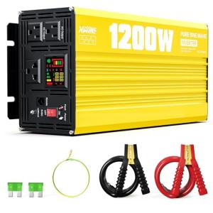 XWJNE 1200 Watt Pure Sine Wave Inverter 12V DC to 120V AC 2400W Peak Power with LED Display for RV Car Truck Off-Grid Solar Power