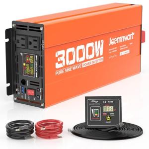 Joemnwart 3000W Pure Sine Wave Power Inverter 24V DC to 110V AC Converter, LED Display,Remote Control, Car Inverter with 2AC Outlets,Fast Charging USB Port for RV,Truck,Home