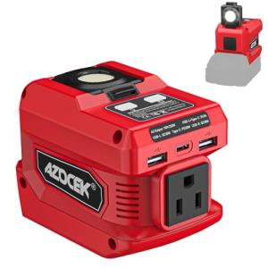 220W Azocek Power Inverter Compatible with Milwaukee 18V Battery, DC 18V to AC 110V Portable Power Station with 1 AC Outlet, 2 USB Ports & 1 Type-C Fast Charging, 400LM LED Work Light