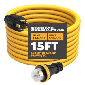 Tellegloww 15FT NEMA L14-30P to SS2-50R RV Marine Power Generator Adapter Cord, 30A 4 Prong Locking Generator L14-30P Male to 50A Marine Shore Power SS2-50R Female with Locking Ring 125V/250V