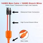 XRDS -RF Solar Extension Cable 25FT, 14AWG Tinned Copper with Solar Panel Connectors, 10AWG Red & Black Branch Wires, Heavy Duty Outdoor Power Cord for RV, Inverter, Generator, Off-Grid System