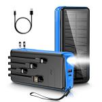 boogostore Portable Charger with Built in Cable and Wall Plug 50000mAh PD30W Fast Charging Solar Power Bank with 5 Output & 2 Input Dual LED Flashlights Phone Holder External Battery Pack (Blue)