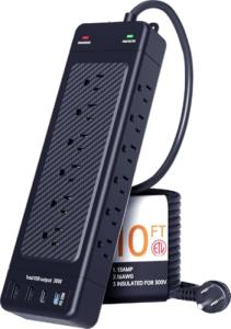 Surge Protector Power Strip Heavy Duty 10 ft Cord High Joules Protection (4800J)/18AC outlets/USBs (2A+2C PD20W)/1875W/15A,Flat Plug,Commercial,Industrial,Office,Home,College,Black,Insurance Coverage
