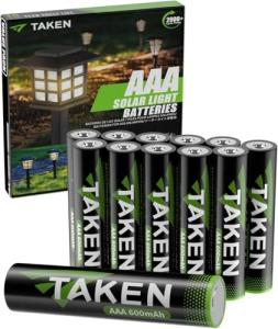 Taken AAA Batteries 12-Count, 720mWh Pre-Charged Solar Batteries for Outdoor Solar Lights, Garden Lights, String Lights, Sidewalk Pathway Lights (1.2V NiMH 600mAh)