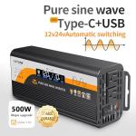 500W Pure Sine Wave Inverter (1000W Peak), 12V/24V Auto-Detect, 50Hz/60Hz Switchable, LCD Display, Type-C Fast Charging, Silent Design, Overload & Overheat Protection for RV, Home (Black-500W)