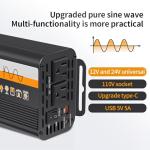 500W Pure Sine Wave Inverter (1000W Peak), 12V/24V Auto-Detect, 50Hz/60Hz Switchable, LCD Display, Type-C Fast Charging, Silent Design, Overload & Overheat Protection for RV, Home (Black-500W)