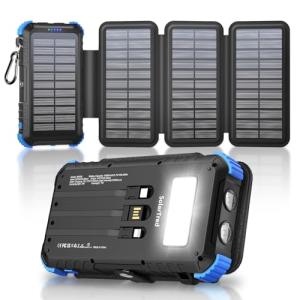 Solar Power Bank 45800mAh with 4 Panels, Portable Solar Charger with Build-in 3 Cables for iPhone, USB C in/Output 15W Fast Charging External Battery Pack with Flashlight & Camping Light