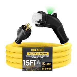 15FT NEMA L14-30P to SS2-50R RV Marine Power Generator Adapter Cord, 30A 4 Prong Locking Generator L14-30P Male to 50A Marine Shore Power SS2-50R Female with 135° Elbow Grip Handle LED Power Indicator