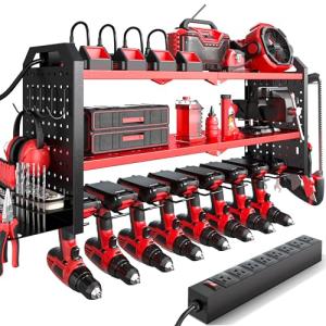 Power Tool Organizer with Charging Station Wall Mount, Built in 8 Outlet Surge Protection Power Strip, Drill Holder Wall Mount, Heavy Duty Metal Power Tool Storage Rack for Garage Organization Red