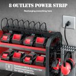 Power Tool Organizer with Charging Station Wall Mount, Built in 8 Outlet Surge Protection Power Strip, Drill Holder Wall Mount, Heavy Duty Metal Power Tool Storage Rack for Garage Organization Red