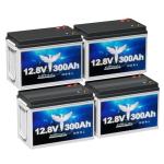 4 Pack 12V 300Ah Lithium LiFePO4 Battery, Built-in Smart 200A BMS, Up to 15000 Cycles, 3840Wh-Higher Energy Density, Perfect for Solar Energy Storage, Backup Power, RV, Camping, Off-Grid System