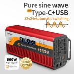 500W Pure Sine Wave Inverter (1000W Peak), 12V/24V Auto-Detect, 50Hz/60Hz Switchable, LCD Display, Type-C Fast Charging, Silent Design, Overload & Overheat Protection for RV, Home (RED-500W)