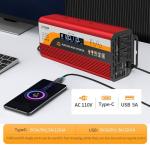 500W Pure Sine Wave Inverter (1000W Peak), 12V/24V Auto-Detect, 50Hz/60Hz Switchable, LCD Display, Type-C Fast Charging, Silent Design, Overload & Overheat Protection for RV, Home (RED-500W)