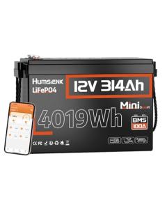 HumsiENK 1PCS 12V 300Ah Lifepo4 Battery Mini - 4.19kWh & 15000+ Deep Cycles Lithium Battery 314Ah, Built-in 100A BMS with Bluetooth, Expandable Up to 48V and 64.3kWh, Ideal for Solar System, Off Grid