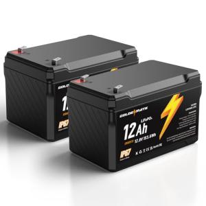 GOLDENMATE 12V 12Ah LiFePO4 Lithium Battery(2 Packs), 5000+ Deep Cycles, IP67 Waterproof Lithium Iron Phosphate Battery, Built-in BMS, Ideal for Power Wheels, Solar, Marine, Fish Finder, Ride-on Toy