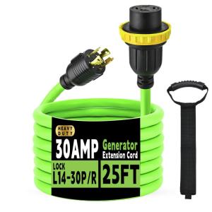 30 Amp Generator Extension Cord (25 Feet) 4-Prong 120/250 Volt 7500W, Lock L14-30P/L L14-30R, 10 Gauge SJTW Locking Power Cord for Manual Transfer Switch ETL