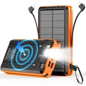 AEECESTORE Portable Charger Solar Power Bank 52800mAh 5V/3A Fast Charging Battery Pack with Built in 4 Cables 2 Outputs & LED Flashlight for Cell Phone Camping and Hiking