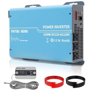 DATOUBOSS 2400W Power Inverter 1200 Watt Pure Sine Wave Inverter 12V to 110V 120V AC Converter, Peak 2400W with Dual AC Outlets and USB & Type-C for Car, RV, Home, Truck, Off-Grid Solar