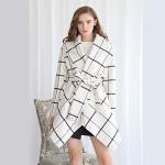 CHICWISH Women's Turn Down Shawl Collar Open Front Off-White Grid Asymmetric Hemline Wool Blend Coat, Size XXXL