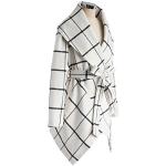 CHICWISH Women's Turn Down Shawl Collar Open Front Off-White Grid Asymmetric Hemline Wool Blend Coat, Size XXXL