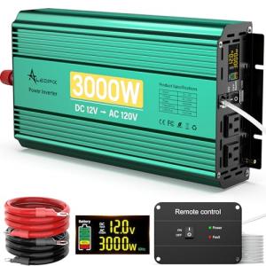 3000 Watt Inverter 12V to 110V/120V 6000W Peak Truck Power Inverter for Vehicles, Modified Sine Wave AC to DC Converter for RV Home with 2 AC Outlets 3.4A USB Port LED Didplay Remote Controller