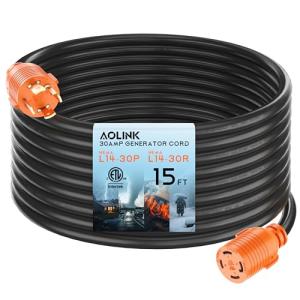 AOLINK 30 Amp Generator Extension Cord 15 Feet, NEMA L14-30P/L14-30R, 4-Prong Locking, Heavy Duty Power Cord, Orange