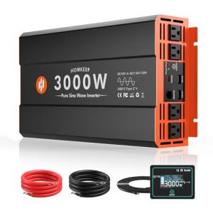 3000W Pure Sine Wave Power Inverter 12V DC to 110V AC Converter Peak Power 6000W for RV Truck Off-Grid Solar Car Inverter with 4 AC Outlets, 2 USB & 1 Type-C Ports, Cables Included, Remote Controller