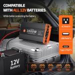 3000W Pure Sine Wave Power Inverter 12V DC to 110V AC Converter Peak Power 6000W for RV Truck Off-Grid Solar Car Inverter with 4 AC Outlets, 2 USB & 1 Type-C Ports, Cables Included, Remote Controller