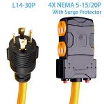 Yodotek 25Ft Generator Cord with Surge Protector Breaker,Heavy Duty Generator Locking Cord,NEMA L14-30P/Four 5-20R,4 Prong 10 Gauge Flexible Cable,Power Extension Cord, 30Amp 7500 Watts